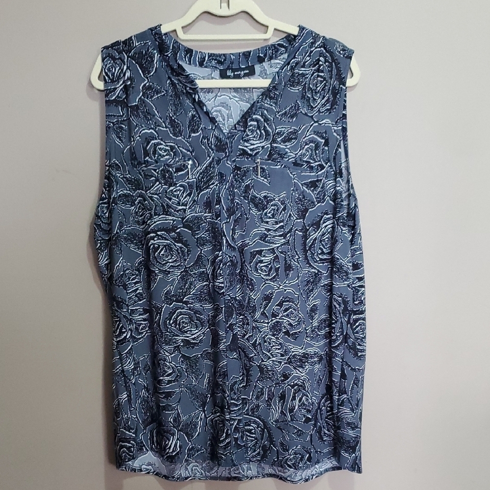 Lily Morgan Floral Sleeveless Top - Gray With Black And White Size 2x